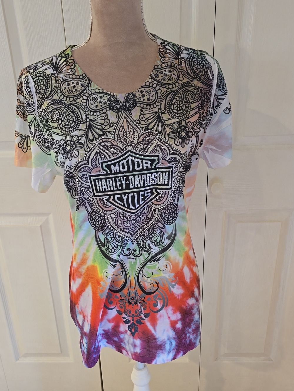 Womens 2XL Harley-Davidson Black-Print Multicolor Tie-Dye Short Sleeve Tee